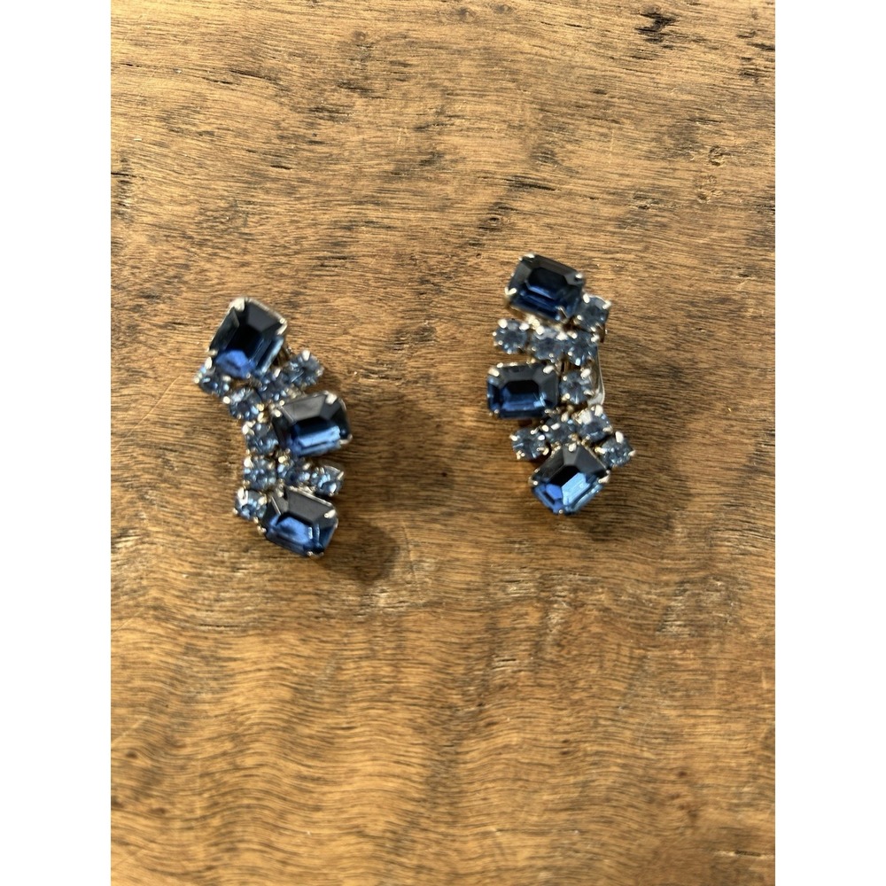 Vintage Blue Rhinestone Clip On Earrings Sapphire Glass 1.5" Statement